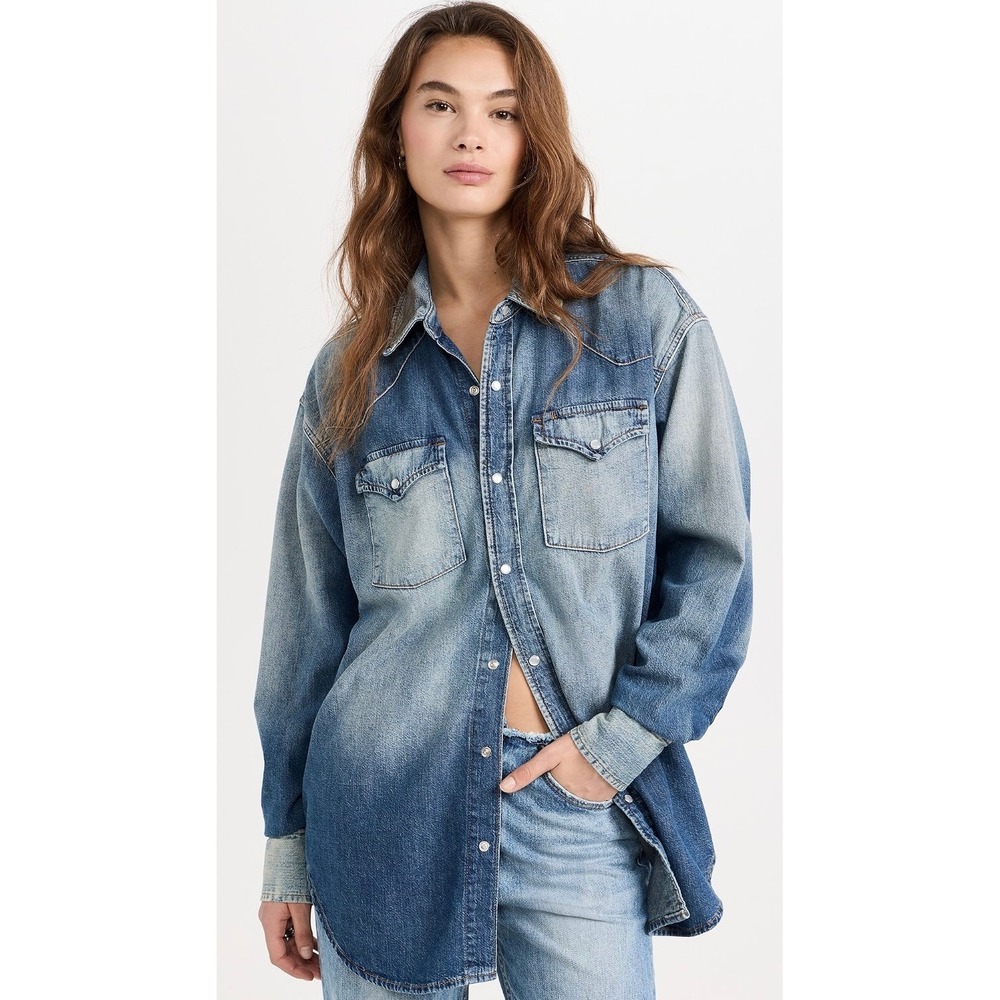 RE/DONE Oversized Western Shirt Womens XS Distressed Indigo Denim Cowgirl‎